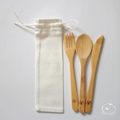 bamboo fork spoon knife and fabric bag